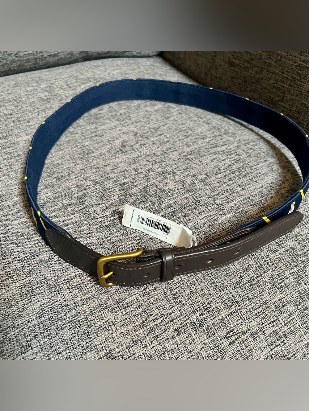 Polo Ralph Lauren Men’s Dress Belt Polo Bear Striped Blue/Brown Brass 40